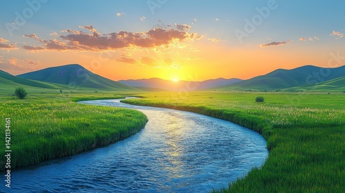 A river running through a lush green field at sunset