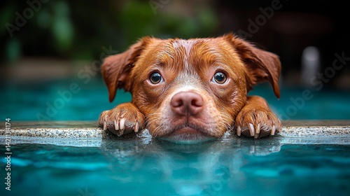 A brown and white dog laying in a pool of water