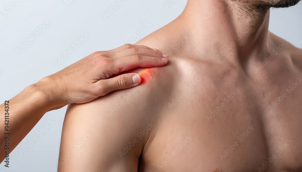 Man's shoulder with a painful inflamed area being examined by a hand Medical examination of a skin condition