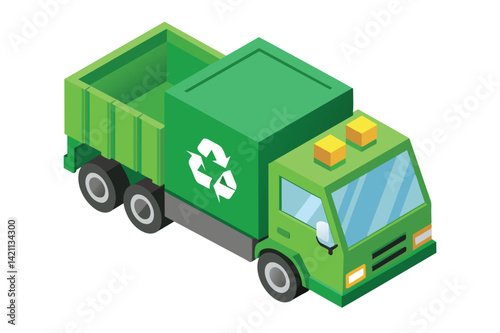 Vector graphic of a green recycling truck in isometric view, symbolizing eco-friendly practices and waste management.