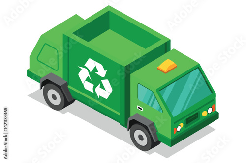 Illustration of an isometric green recycling truck with a recycle symbol, symbolizing sustainability and environmentally friendly practices.