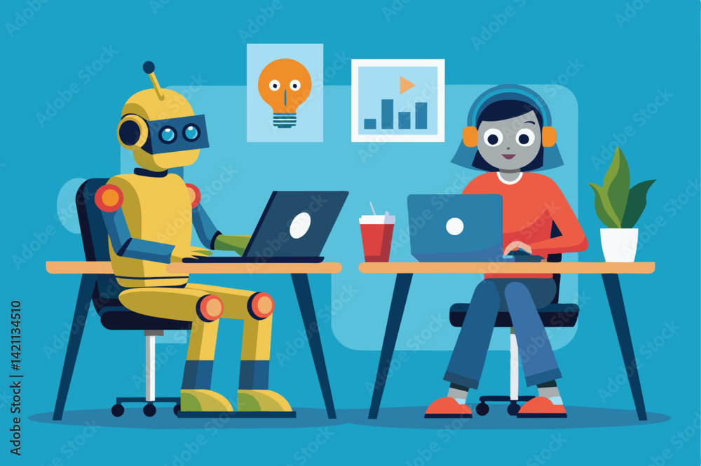Obraz premium Illustration of a robot and a person working together on laptops in an office, highlighting teamwork and technology integration.