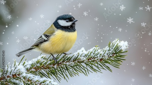 A small bird sitting on top of a pine tree branch covered in snow