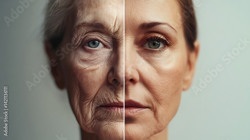 Aging skin contrasted with youthful texture in split screen portrait
