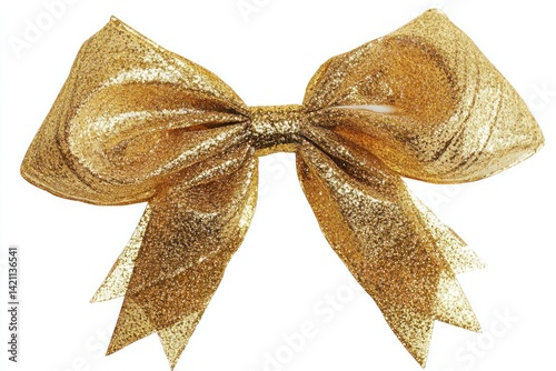 A shimmering golden ribbon bow, festive and detailed, PNG