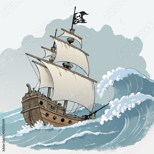 Create a detailed 2D sketch illustration of a weathered pirate ship battling rough seas, emphasizing dramatic lighting and texture.