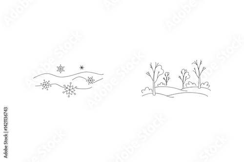 Winter Landscape In Outline Style With Snowflakes And Trees Vector Illustration