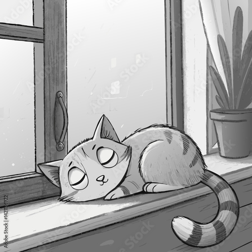 Create a charming 2D sketch illustration of a fluffy, sleepy cat curled up on a sunny windowsill, paws tucked in.  Include detailed fur texture and soft lighting.