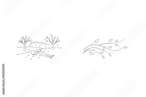 Simple Line Art Illustration Of Woman Lying On Fallen Leaves In Autumn