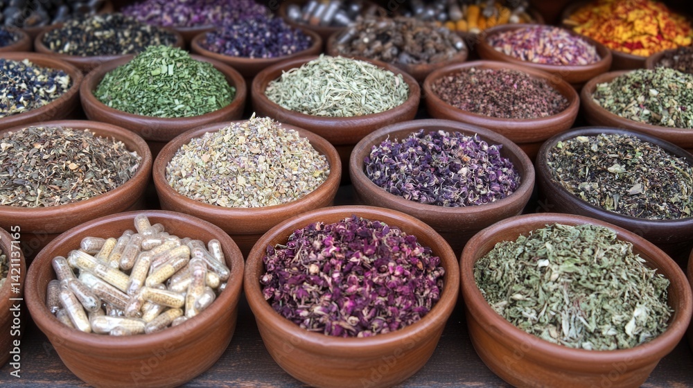 Colorful bowls of dried herbs and spices Colorful bowls of dried herbs and spices