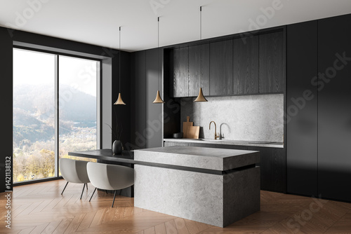 Modern minimalist kitchen with panoramic window, elegant pendant lights, and sleek gray stone island in stylish interior setting with wood flooring. 3D Rendering