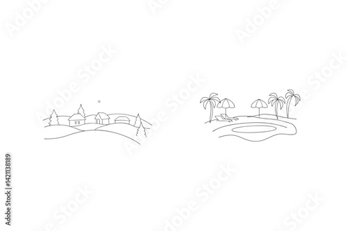 Winter Village Scene Meets Tropical Beach Resort Line Art Comparison