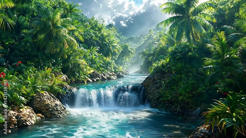 Lush tropical river cascading through a dense jungle. Sunlight streams through the canopy