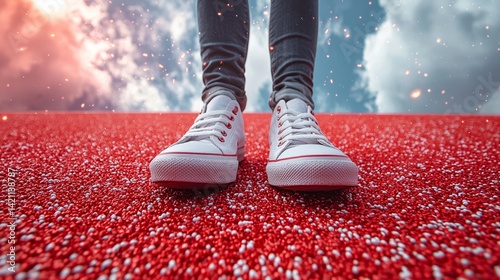 A person standing on a red carpet with white sneakers