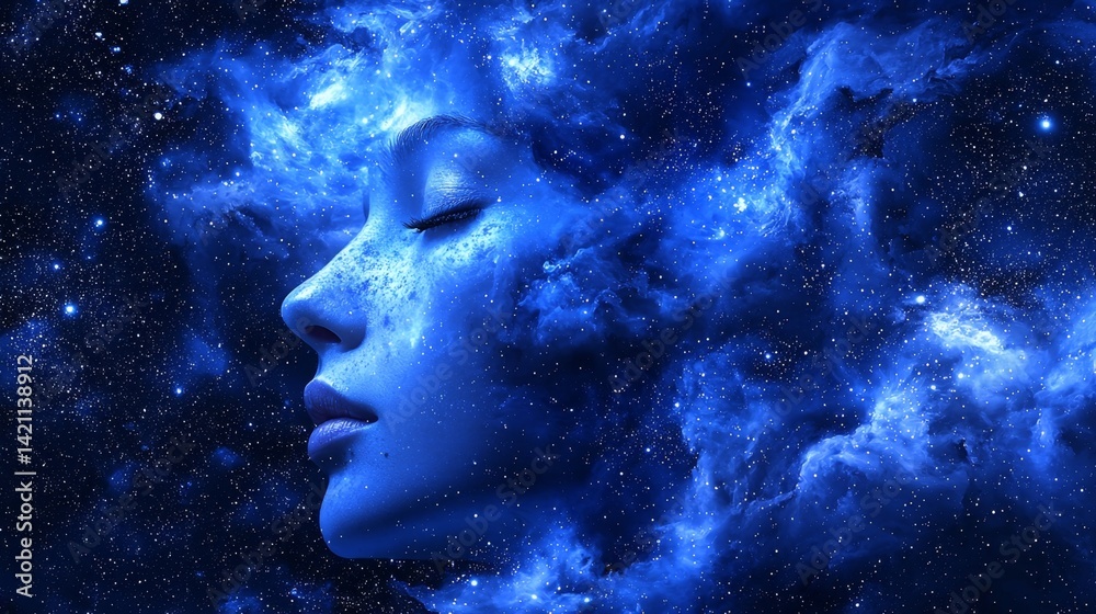 A woman's face in the middle of a blue nebula A woman's face in the middle of a blue nebula