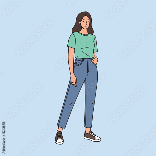 Vector illustration Confident cartoon woman standing casually with one hand in pocket, wearing jeans and sneakers