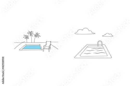 Minimalist Poolside Scene Line Art Featuring Palms Clouds And Relaxation Elements