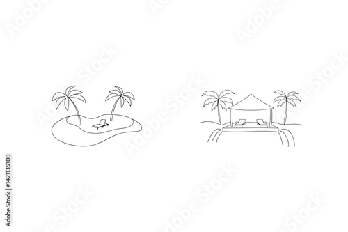 Tropical Island Vacation Concept With Palm Trees And Beach Loungers Simple Line Art