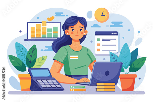 Illustration of a young woman working on a laptop at her desk with plants and charts, representing a creative and productive work environment.