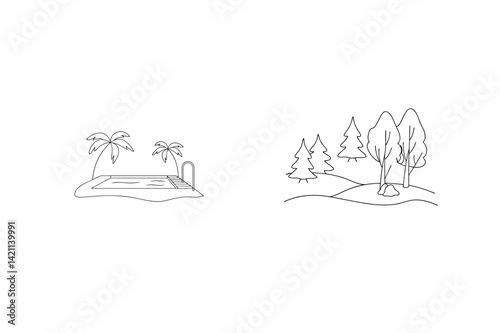 Outline Landscape With Pool And Trees Minimal Scenic Nature Illustration