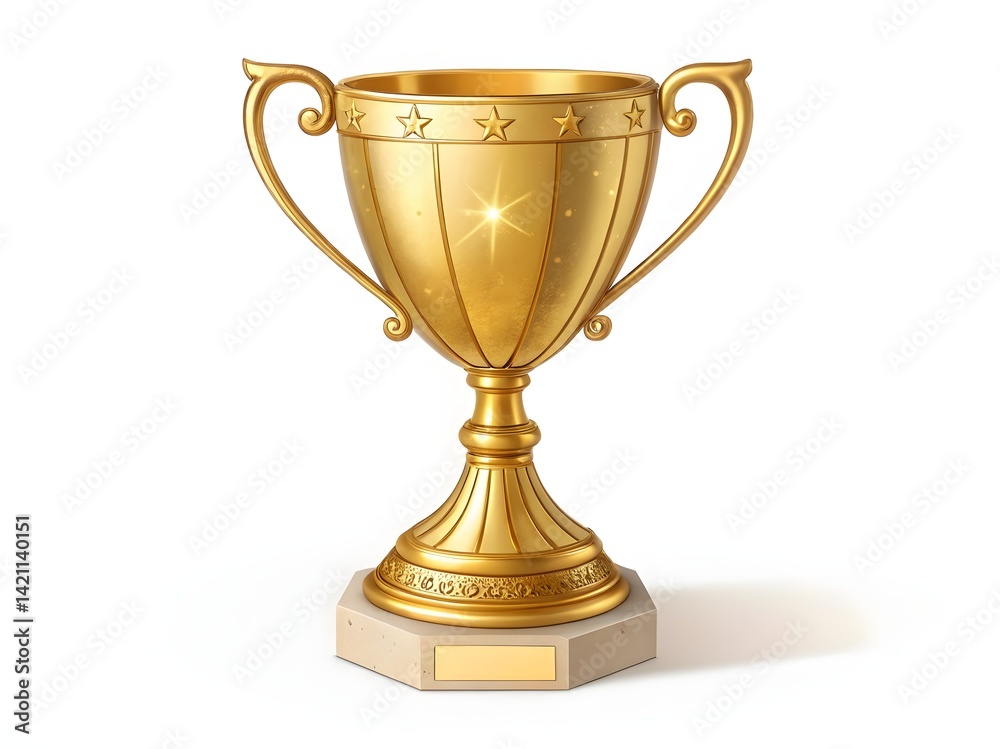 Elegant Golden Trophy with Stars and Engraved Base on White Background Elegant Golden Trophy with Stars and Engraved Base on White Background