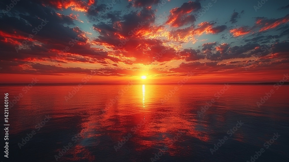 Fototapeta premium A sunset over the ocean with clouds reflecting in the water