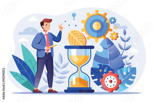 Illustration of a businessman exploring time management with gears, leaves, and hourglass. Represents productivity, planning, and business strategy concepts.
