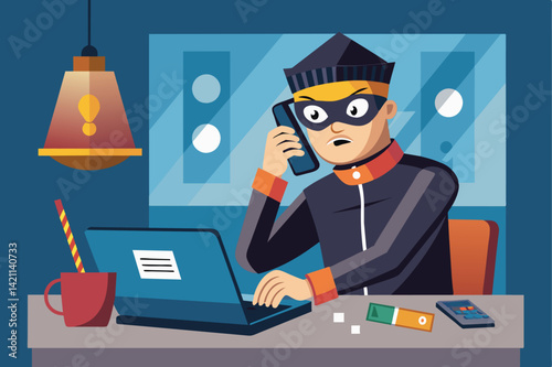 Illustration of a cartoon burglar using a laptop and phone, representing online fraud, cybercrime, and hacking activities in a modern digital setting.
