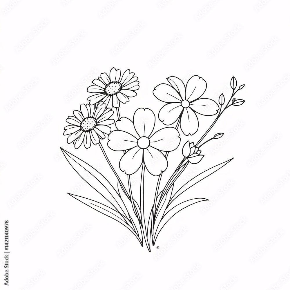 Obraz premium Black and White Floral Bouquet of Daisies and Wildflowers