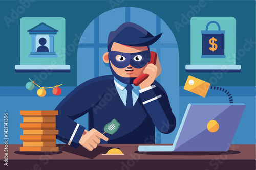 Illustration of a masked hacker using a phone and laptop for a financial scam. Depicts themes of fraud, cybercrime, and technology.