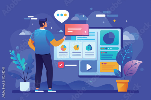 Colorful vector illustration showing a man interacting with a digital data dashboard. Features charts, graphs, and user interface elements in a modern, abstract style.