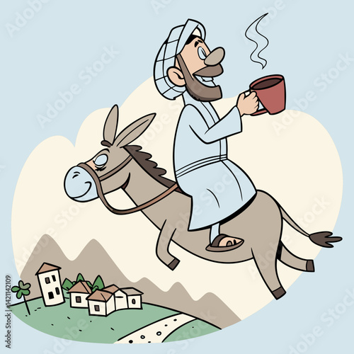 Funny Arab Grandpa Telling Jokes While Sipping Coffee on a Flying Donkey