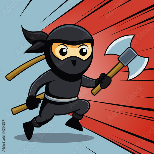Ninja character throwing cartoon axe with motion blur effect