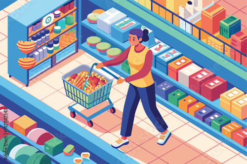 Illustration of a woman browsing a vibrant supermarket aisle, pushing a cart filled with groceries. The scene is filled with bright colors and a variety of products on shelves.