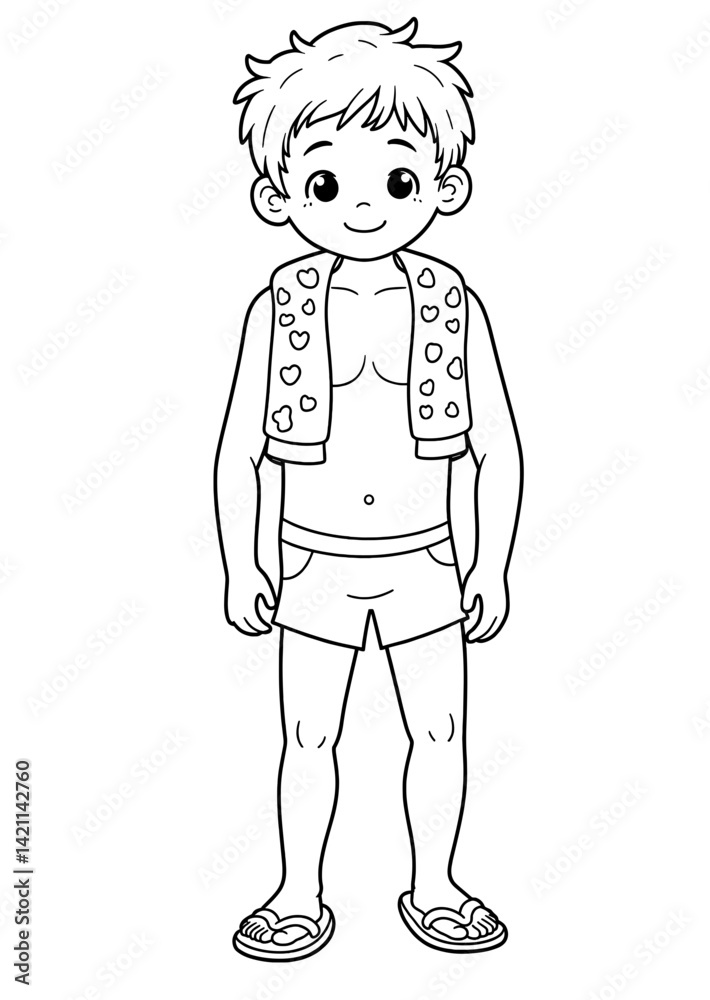 Boy smiling in swimwear with beach towel on transparent background  