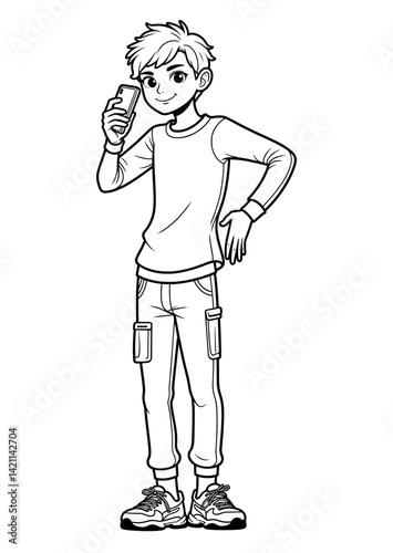 Boy holding a drink, smiling, wearing casual clothing, on a transparent background  