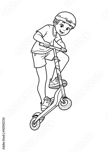 Boy riding scooter in action against a blank background  