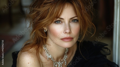 A woman with red hair wearing a necklace and earrings