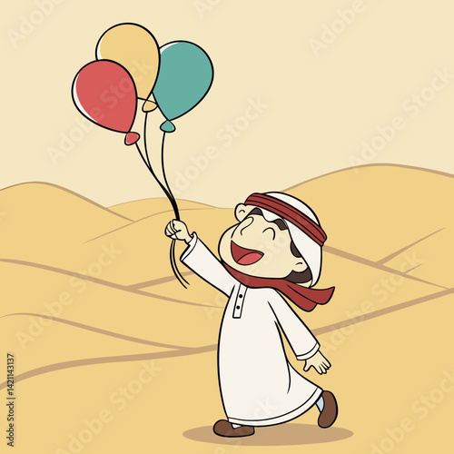Happy Arab Boy in Traditional Dress Holding a Colorful Balloon in the Desert