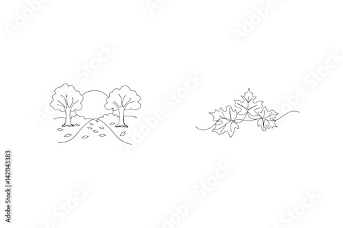 Minimalist Autumn Landscape With Trees And Falling Leaves Line Art Design