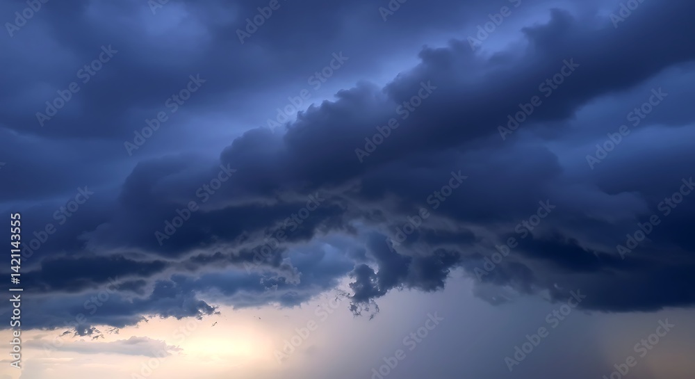 Dark storm clouds loom in the sky above a coastal region during twilight. The atmosphere grows tense as the light dims, signaling an approaching storm with potential rainfall Dark storm clouds loom in the sky above a coastal region during twilight. The atmosphere grows tense as the light dims, signaling an approaching storm with potential rainfall