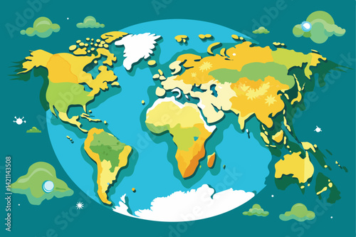 Vibrant illustrated depiction of a world map featuring continents in various colors, surrounded by whimsical clouds. Perfect for educational and design purposes.