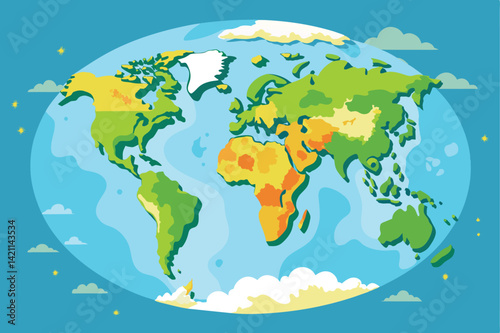 Vibrant illustrated map of the world showcasing continents and oceans on a globe. Perfect for educational and geographical themes.
