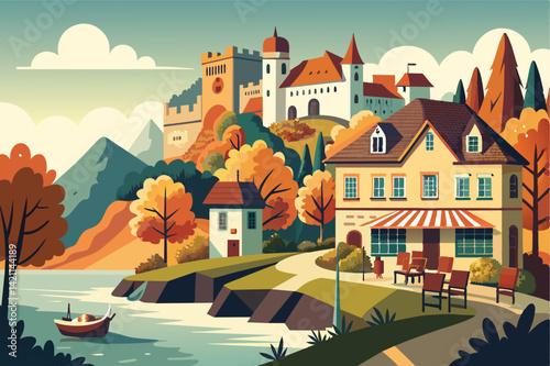 Charming illustration of a peaceful riverside village with a majestic castle in the background, featuring vibrant autumn colors and serene nature scenery.