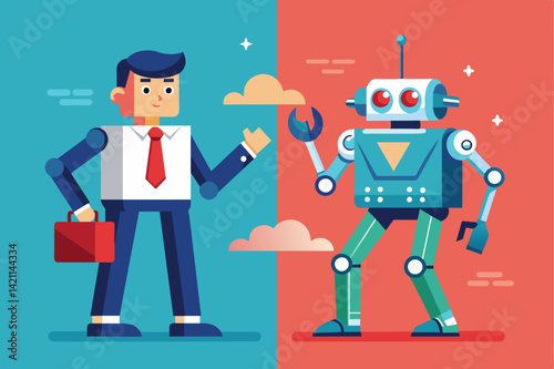 Illustration of a businessman shaking hands with a robot, symbolizing the collaboration between humans and technology. Highlights innovation, future workplaces, and teamwork.