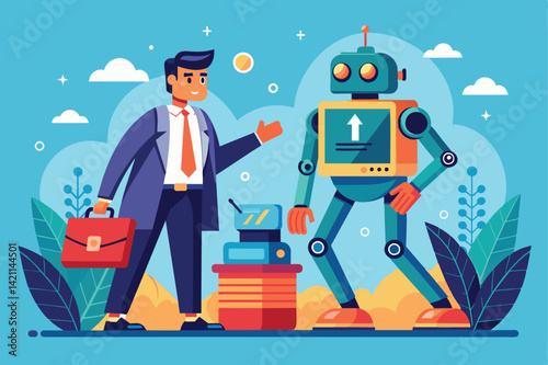 Illustration of a businessman interacting with a robot in an office setting, symbolizing innovation and modern technology. Vivid colors suggest optimism and futuristic concepts.