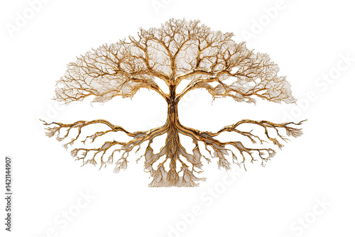 golden tree emblem with symmetrical roots and branches, stylized nature concept, centered and floating on 