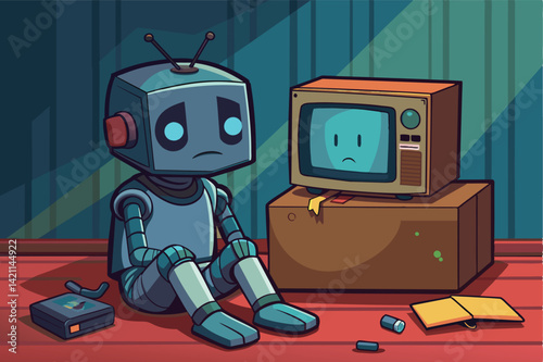 Illustration of a melancholic robot sitting beside an old television in a nostalgic setting. A scene reflecting loneliness and retro technology.