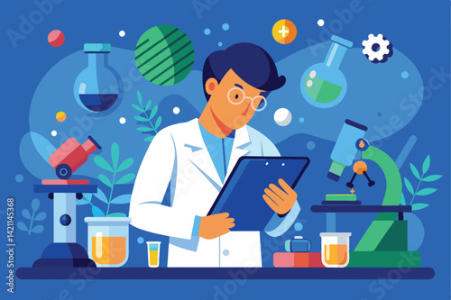 Illustration of a scientist working in a laboratory, surrounded by chemical equipment and microscopes, showcasing modern scientific research and analysis.