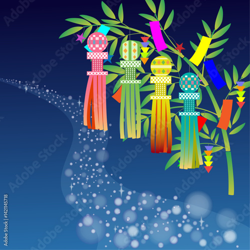 七夕の笹飾りのイラスト笹の葉や竹に吹流しとキラキラしたイラスト